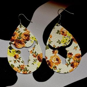 Steer head floral faux leather teardrop earrings